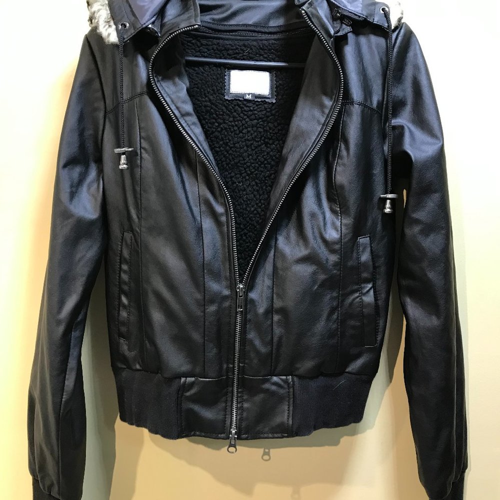 James & Co lether vegan hooded jacket sz junior m removable hood & lining black